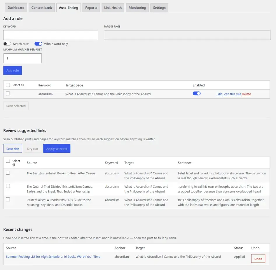 Core Plus Links auto-linking review screen listing keyword matches with source, target, and the sentence each link would land in, alongside Apply selected controls