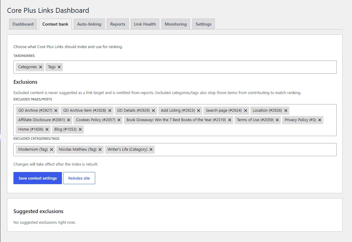 The Core+ Links context bank, with utility pages such as the privacy policy, terms of use, and cookies policy added to the exclusions list so they are never indexed or reported.