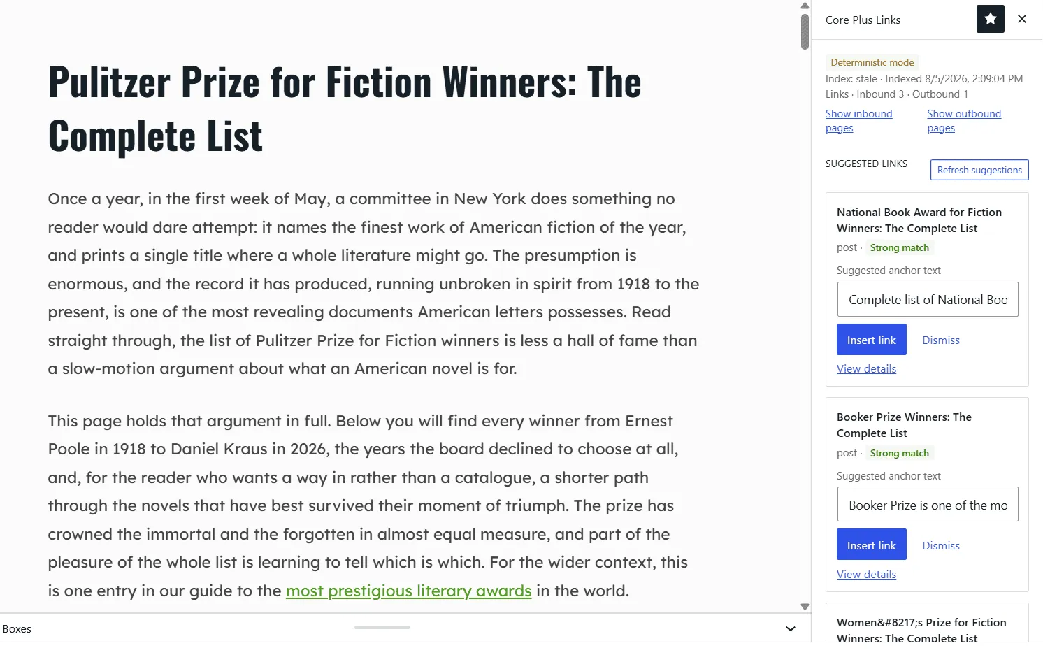 The Core+ Links sidebar showing a short ranked list of suggested internal links for the current post, each labelled with a match strength.