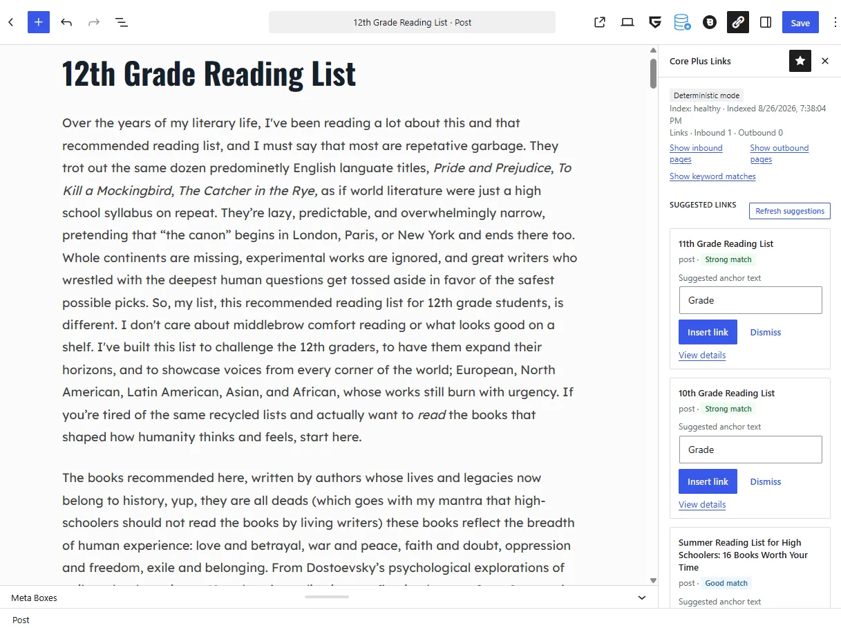 Core+ Links sidebar showing ranked suggestions with Strong and Good match labels